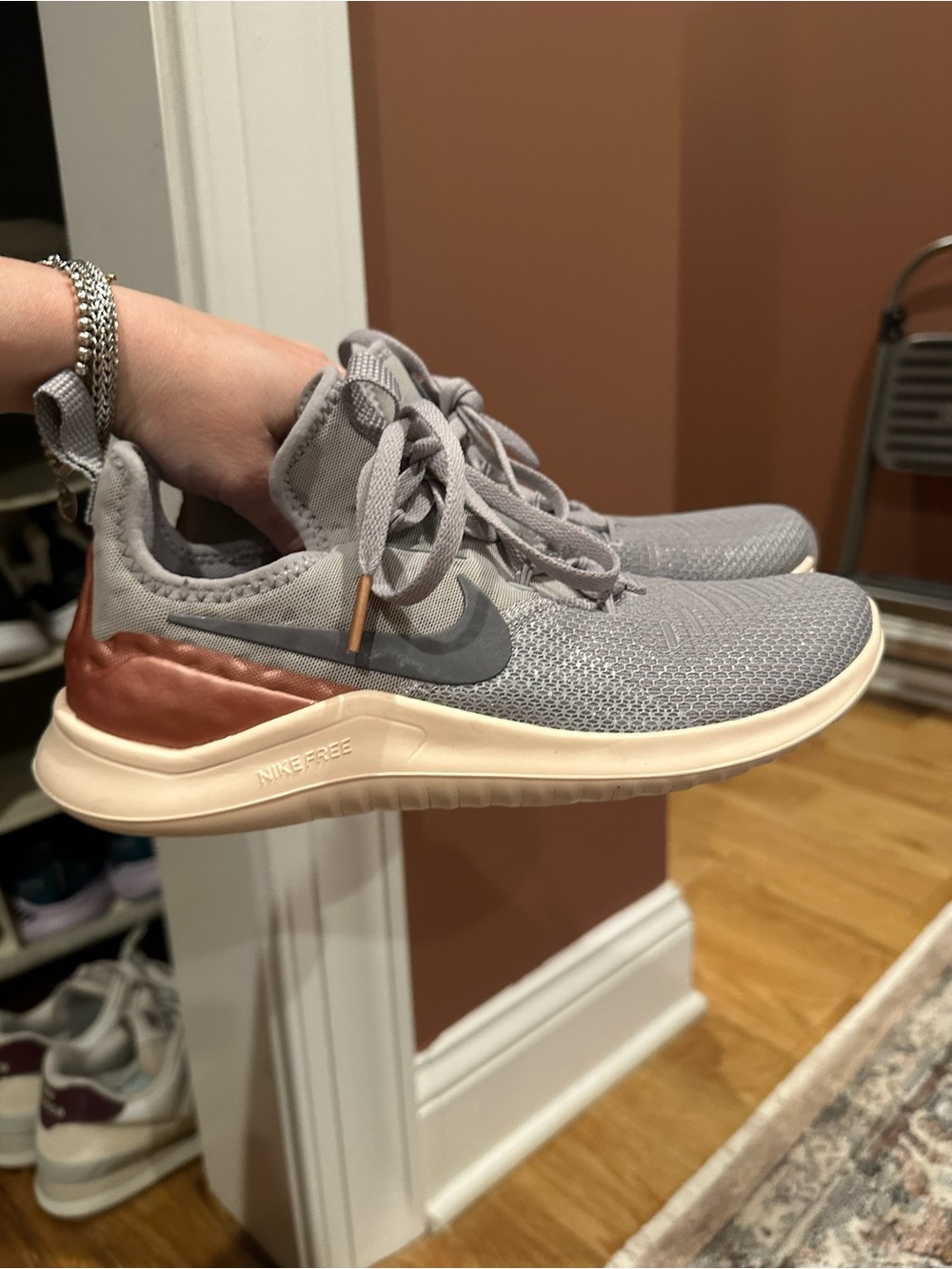 Nike Free Women's Athletic Shoes - Light Gray/Blueish with Rose Gold Heel